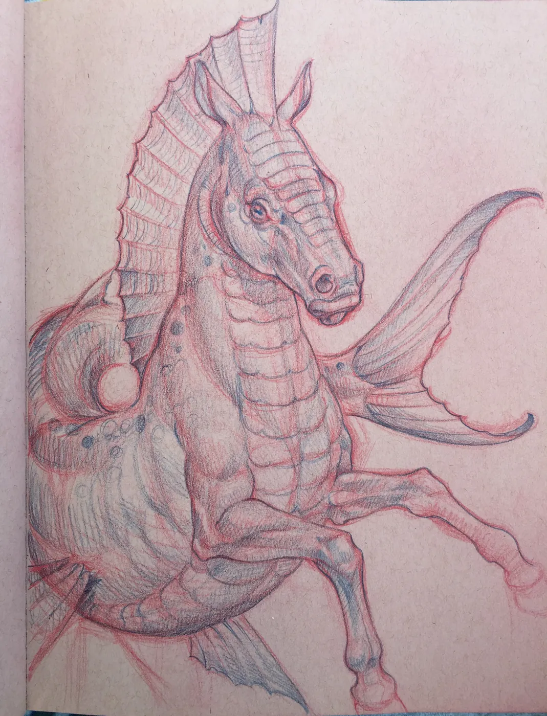 Custom tattoo sketch — Mythical sea horse dragon red pencil sketchbook study — original drawing by Terry Ribera, Remington Tattoo San Diego