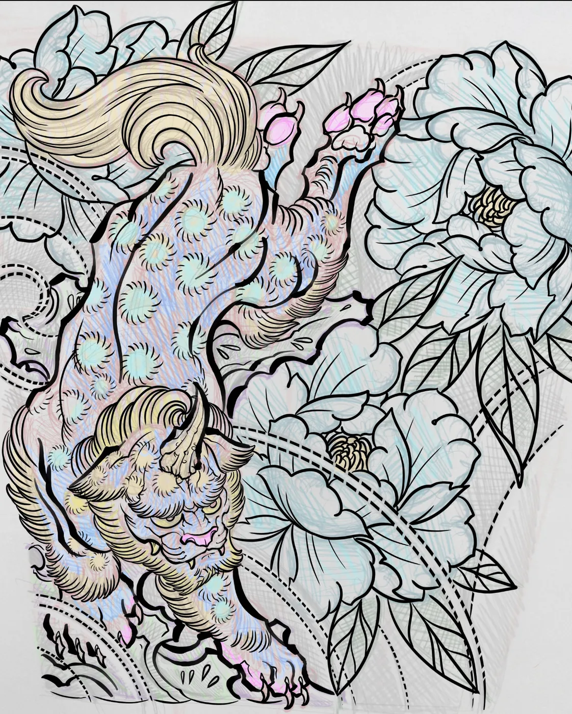 Custom tattoo sketch — Neo Japanese tiger peony holographic colored digital — original drawing by Terry Ribera, Remington Tattoo San Diego