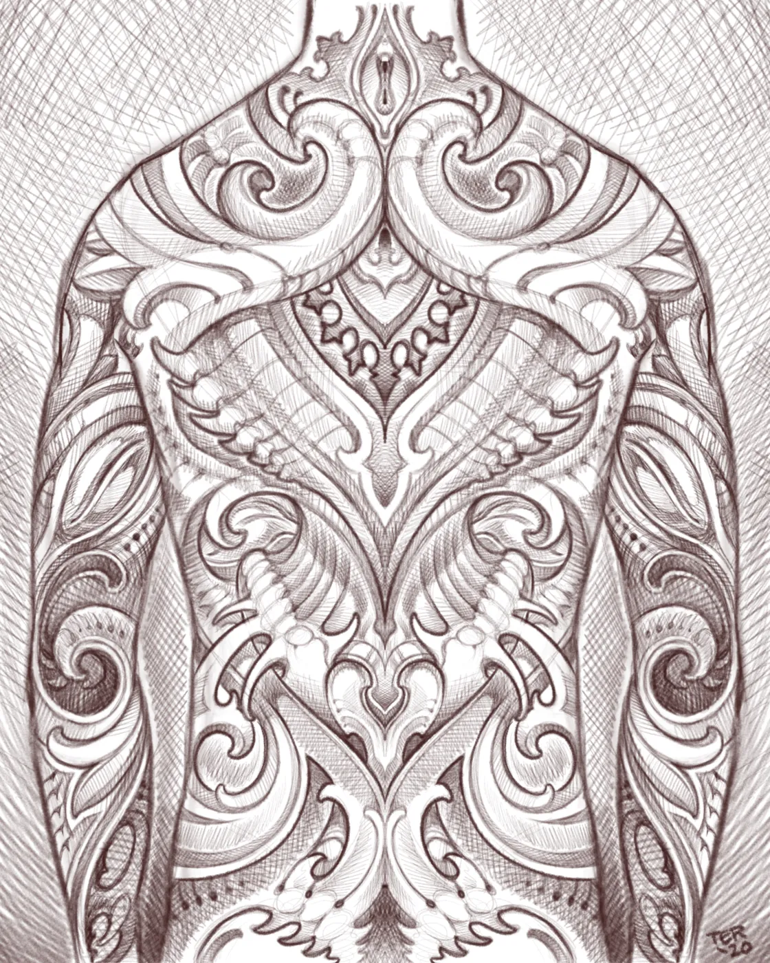 Custom tattoo sketch — Ornamental bio-organic back piece sepia digital — original drawing by Terry Ribera, Remington Tattoo San Diego