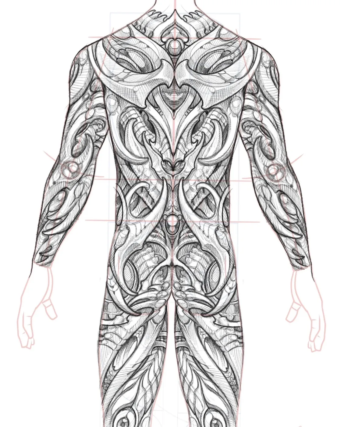 Custom tattoo sketch — Ornamental bio-organic male bodysuit digital — original drawing by Terry Ribera, Remington Tattoo San Diego