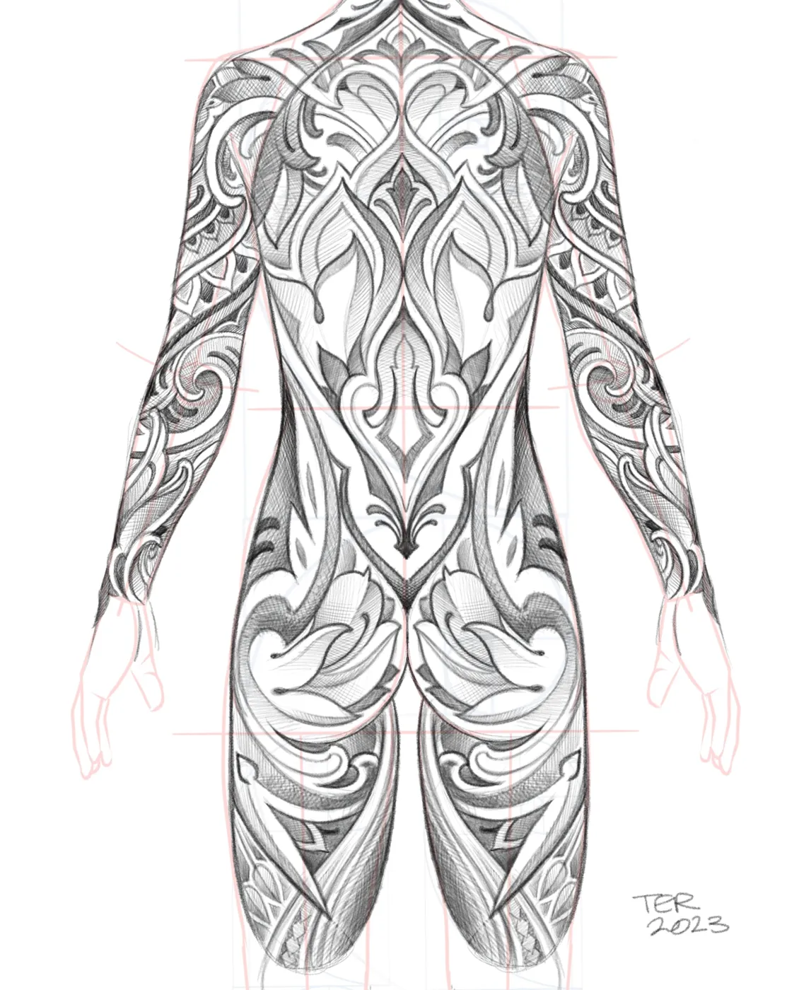 Custom tattoo sketch — Ornamental bio-organic symmetric bodysuit design — original drawing by Terry Ribera, Remington Tattoo San Diego