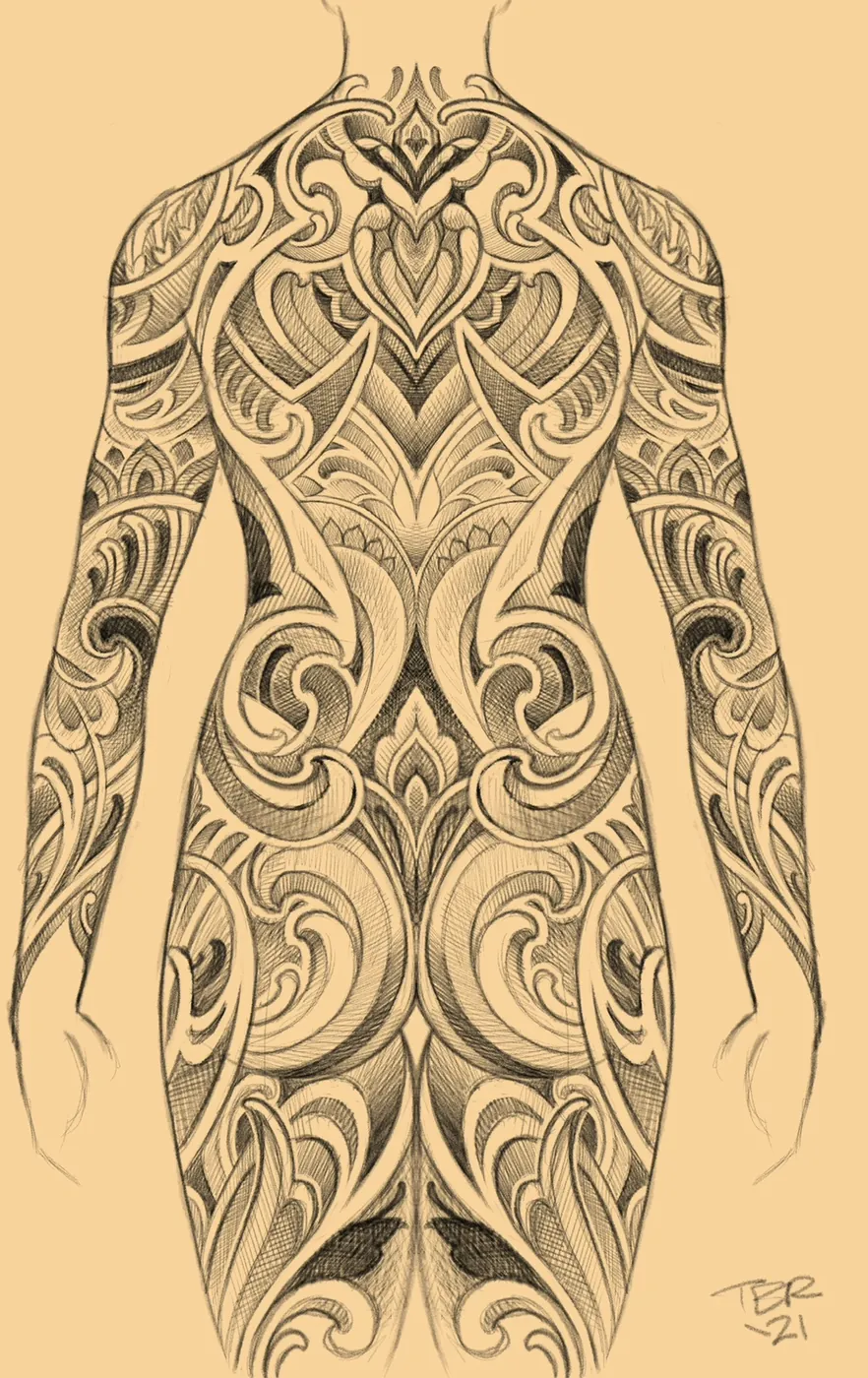 Custom tattoo sketch — Ornamental scroll bodysuit sepia pencil — original drawing by Terry Ribera, Remington Tattoo San Diego