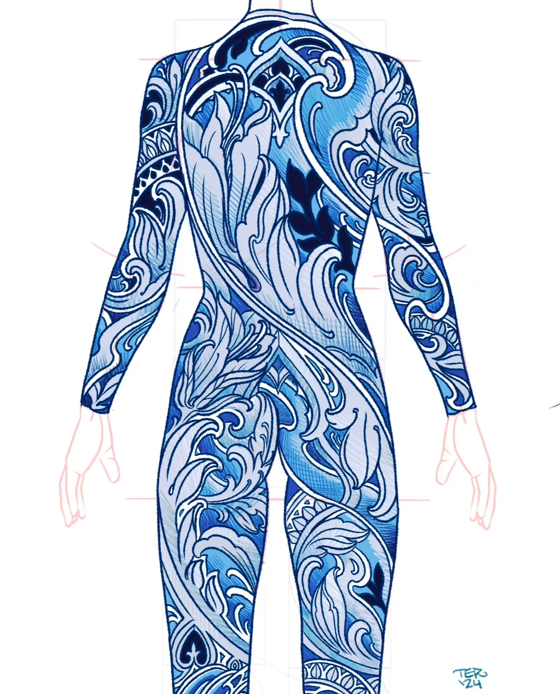 Custom tattoo sketch — Ornamental waves bodysuit blue ink design — original drawing by Terry Ribera, Remington Tattoo San Diego