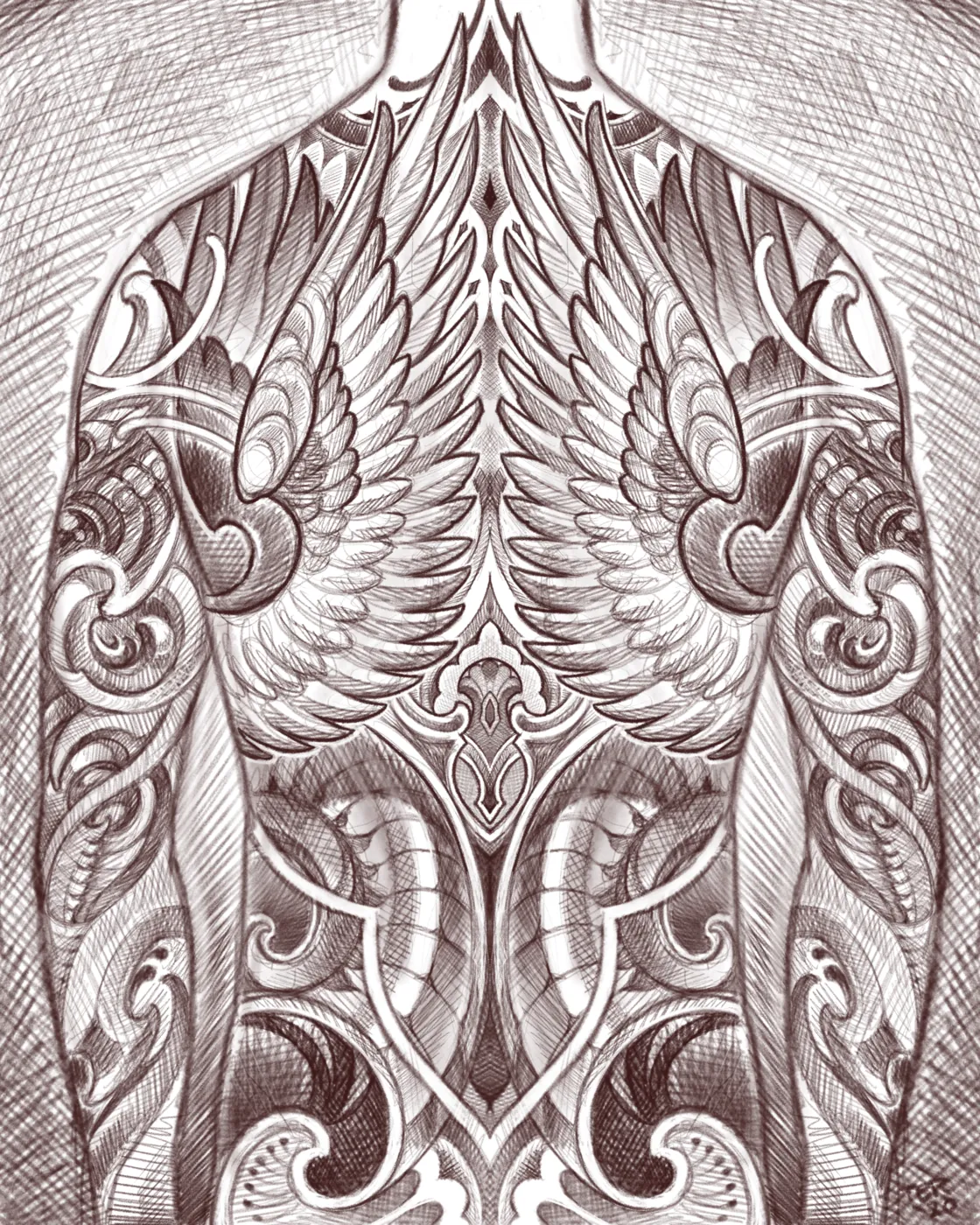 Custom tattoo sketch — Ornamental wings back piece sepia digital — original drawing by Terry Ribera, Remington Tattoo San Diego