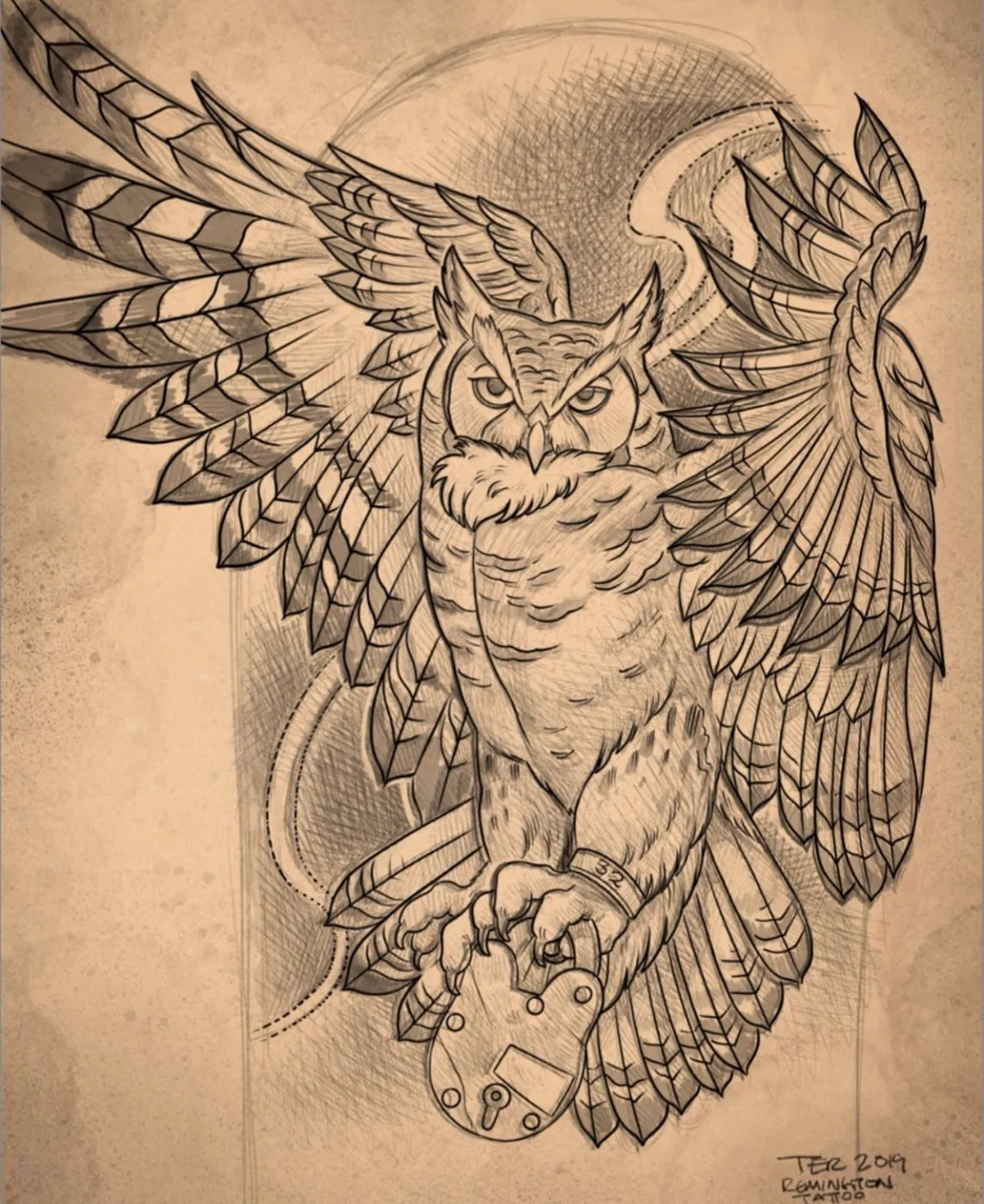 Custom tattoo sketch — Owl clock lantern pencil — original drawing by Terry Ribera, Remington Tattoo San Diego