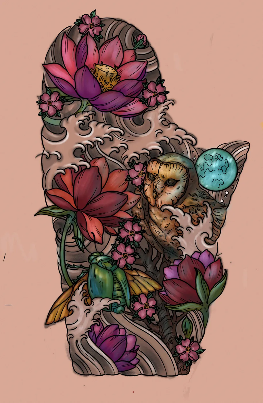 Custom tattoo sketch — Owl lotus waves dragonfly sleeve colored digital — original drawing by Terry Ribera, Remington Tattoo San Diego