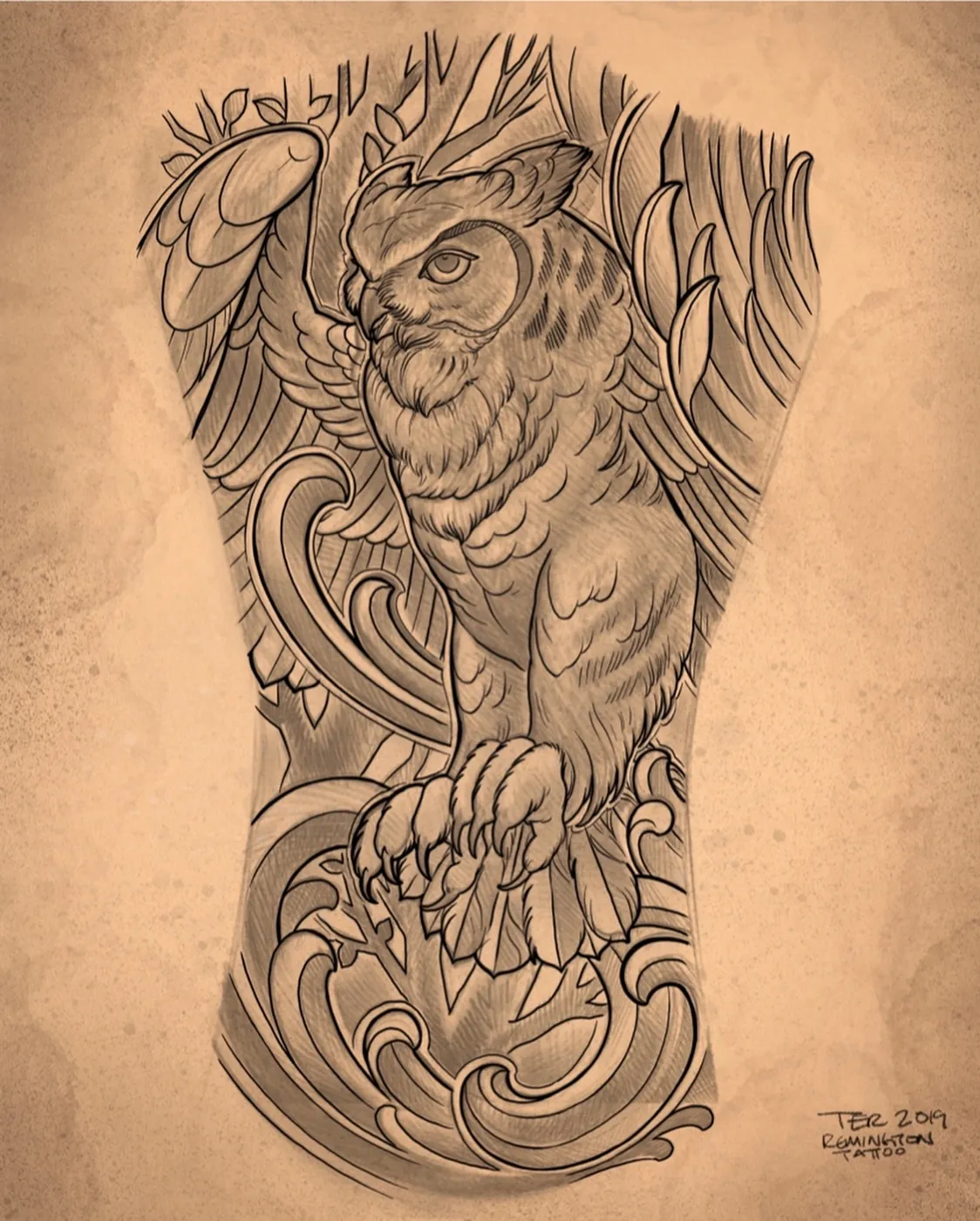 Custom tattoo sketch — Owl ornamental scrollwork back piece digital — original drawing by Terry Ribera, Remington Tattoo San Diego
