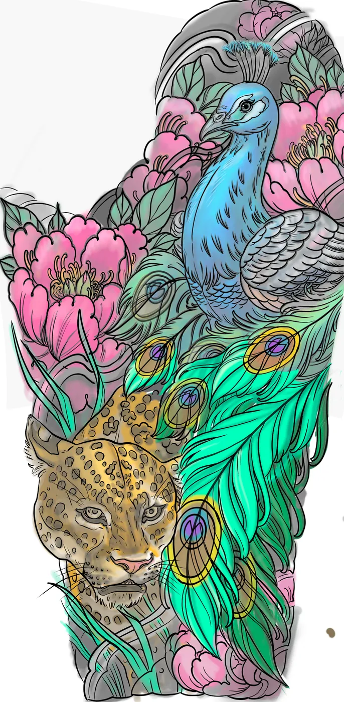 Custom tattoo sketch — Peacock leopard peony sleeve colored digital design — original drawing by Terry Ribera, Remington Tattoo San Diego