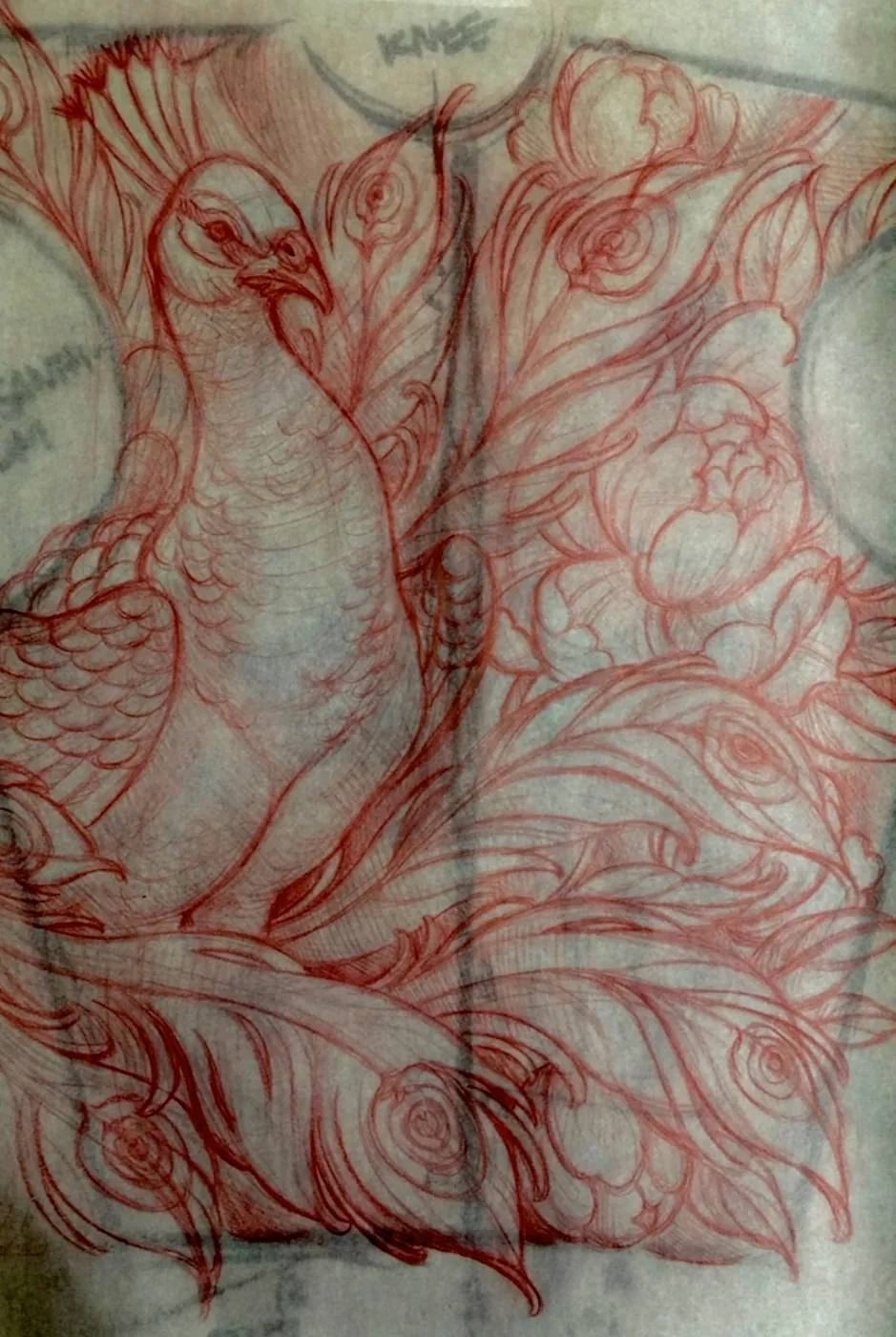 Custom tattoo sketch — Peacock peony ornamental chest red pencil stencil — original drawing by Terry Ribera, Remington Tattoo San Diego