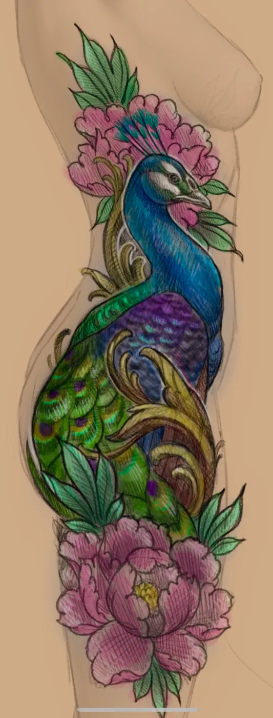 Custom tattoo sketch — Peacock peony rib colored digital — original drawing by Terry Ribera, Remington Tattoo San Diego