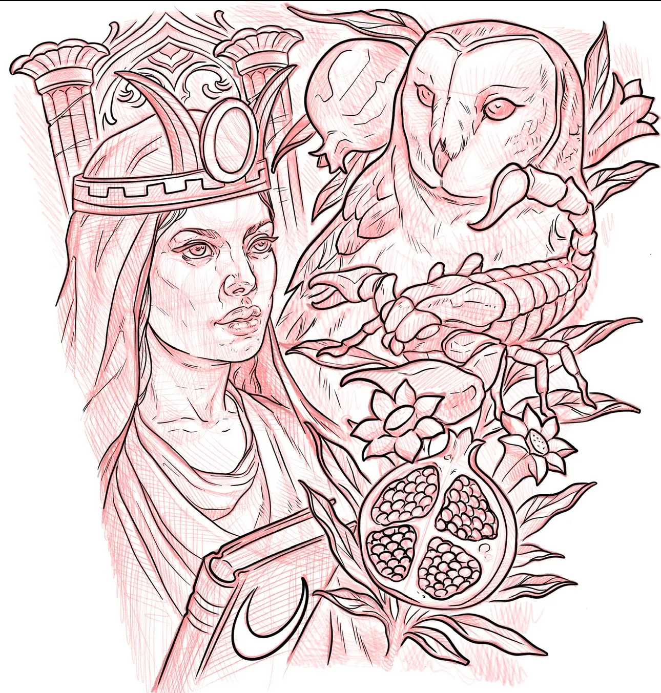 Custom tattoo sketch — Persephone goddess owl snake pomegranate red pencil — original drawing by Terry Ribera, Remington Tattoo San Diego