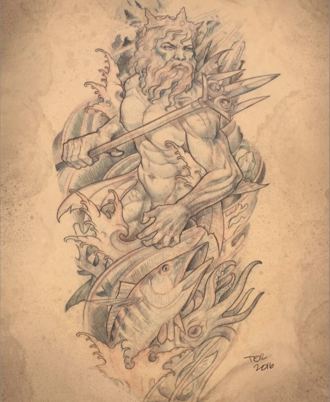 Custom tattoo sketch — Poseidon tuna fish pencil — original drawing by Terry Ribera, Remington Tattoo San Diego