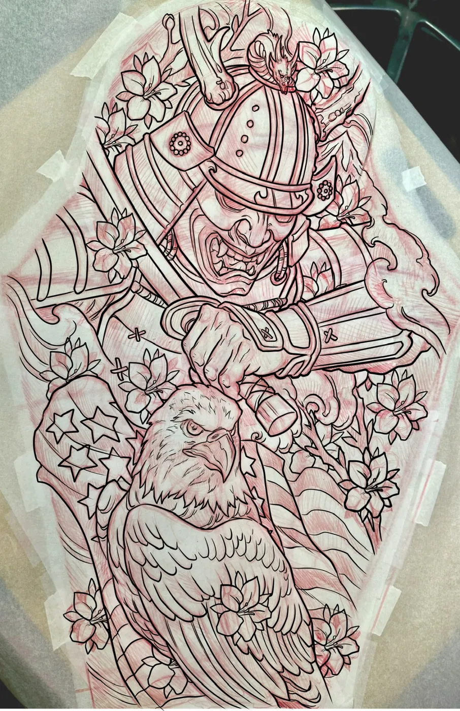 Custom tattoo sketch — Samurai hannya eagle cherry blossom red pencil — original drawing by Terry Ribera, Remington Tattoo San Diego