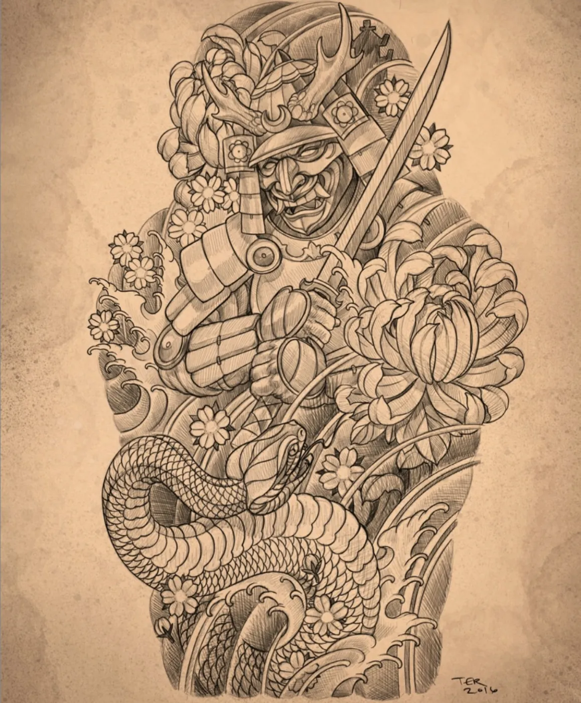 Custom tattoo sketch — Samurai snake chrysanthemum pencil — original drawing by Terry Ribera, Remington Tattoo San Diego