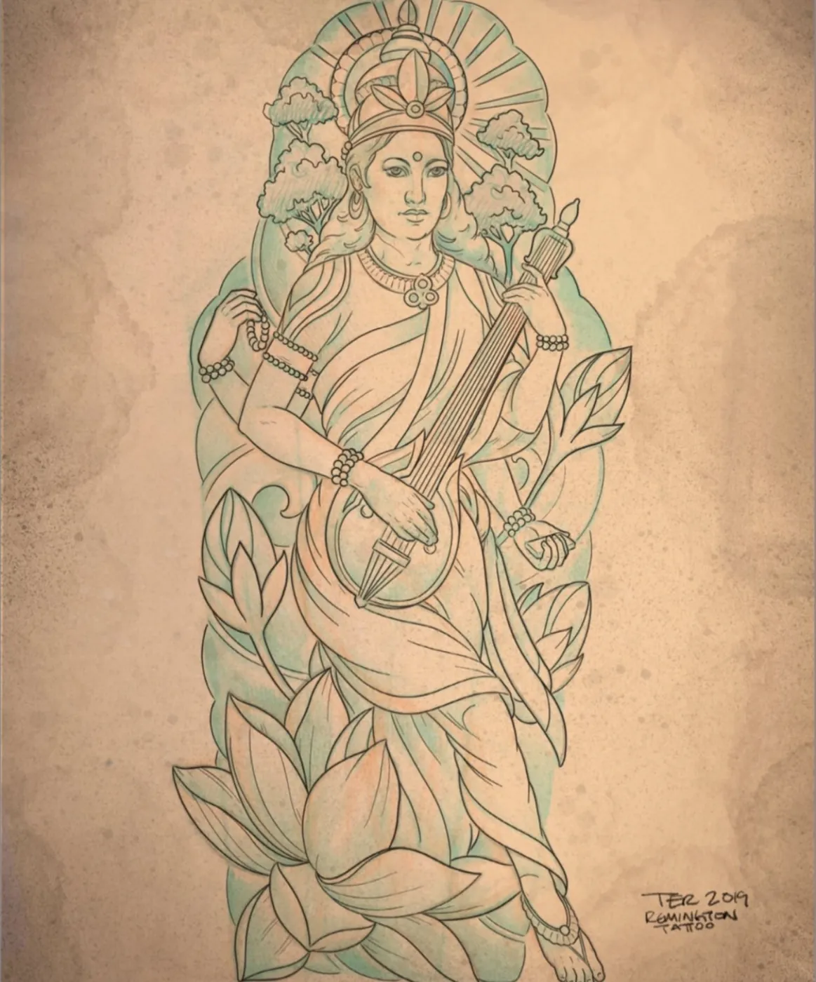 Custom tattoo sketch — Saraswati goddess lotus colored pencil — original drawing by Terry Ribera, Remington Tattoo San Diego