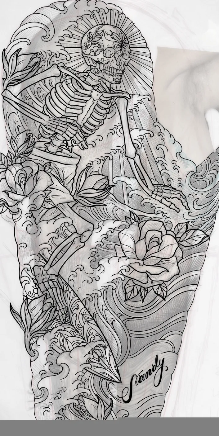 Custom tattoo sketch — Skeleton waves roses sleeve digital — original drawing by Terry Ribera, Remington Tattoo San Diego