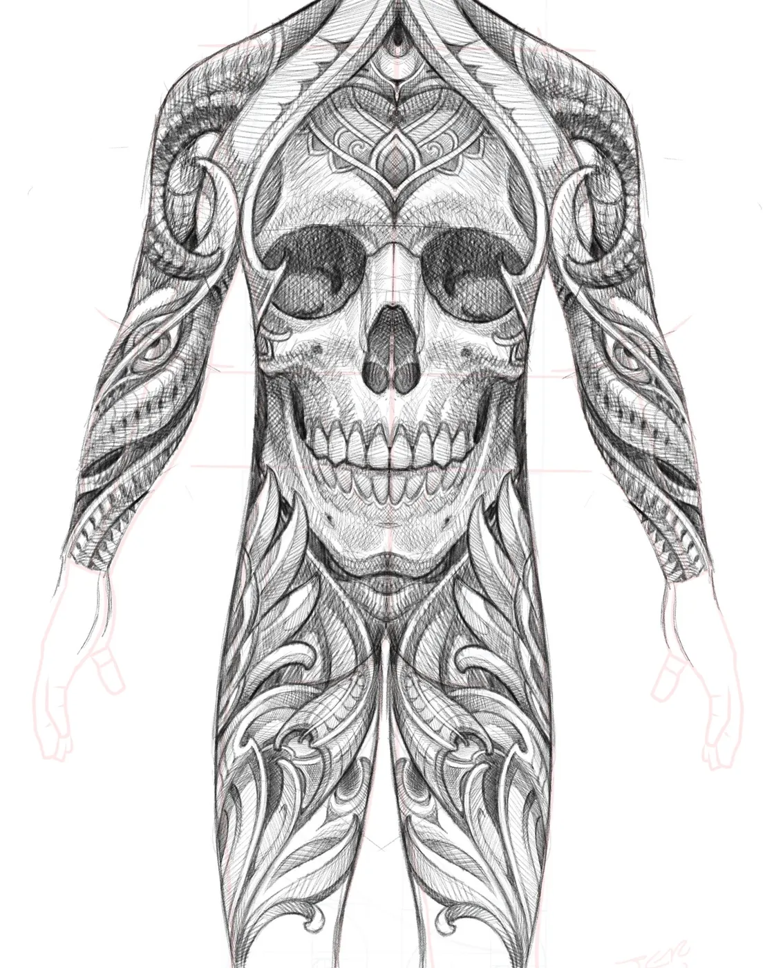 Custom tattoo sketch — Skull bio-organic full bodysuit design pencil — original drawing by Terry Ribera, Remington Tattoo San Diego