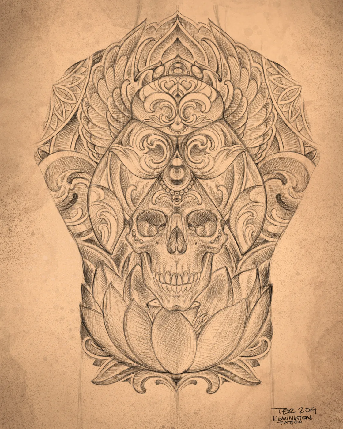 Custom tattoo sketch — Skull lotus ornamental back piece pencil — original drawing by Terry Ribera, Remington Tattoo San Diego
