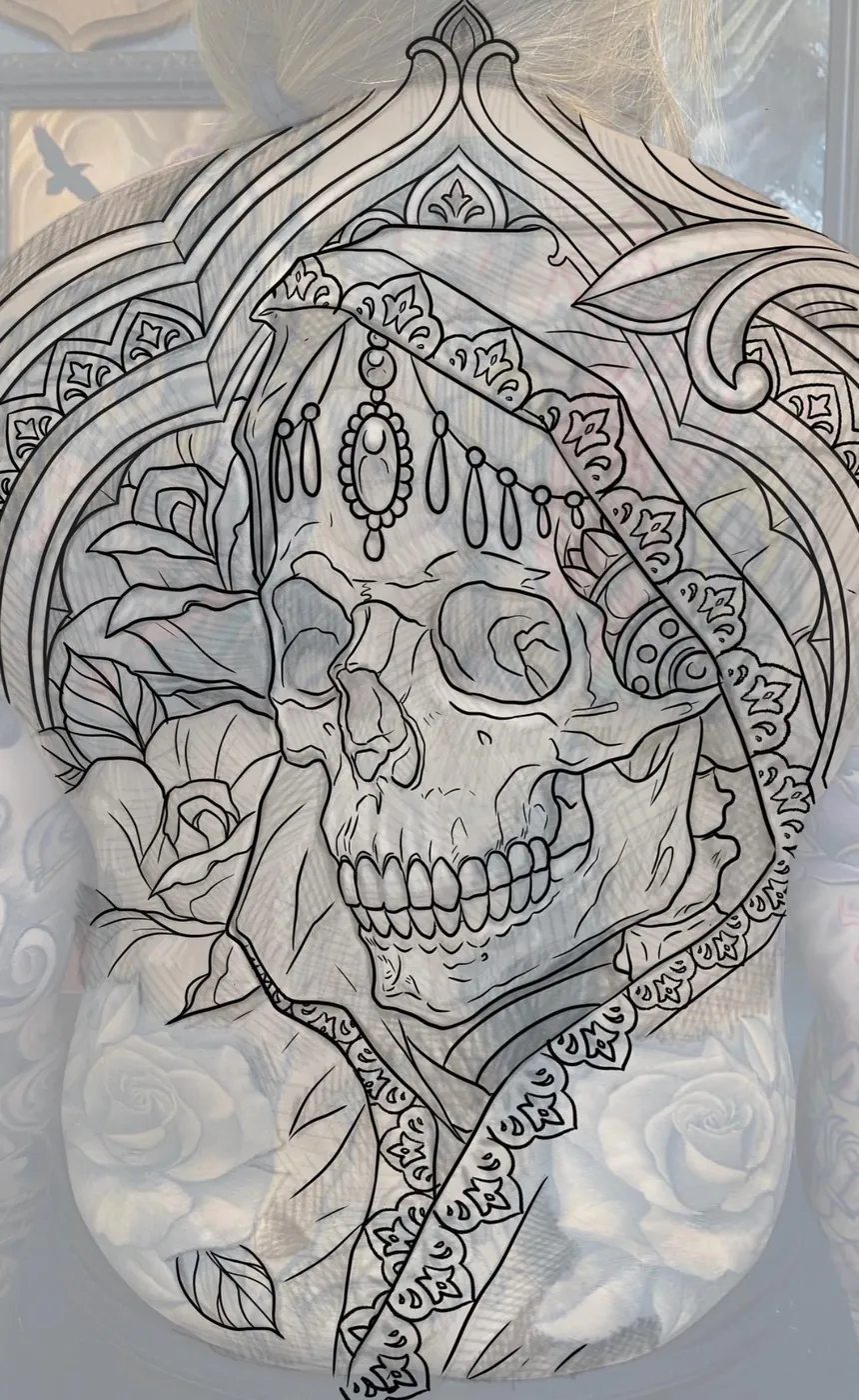 Custom tattoo sketch — Skull roses ornamental back piece pencil on skin — original drawing by Terry Ribera, Remington Tattoo San Diego