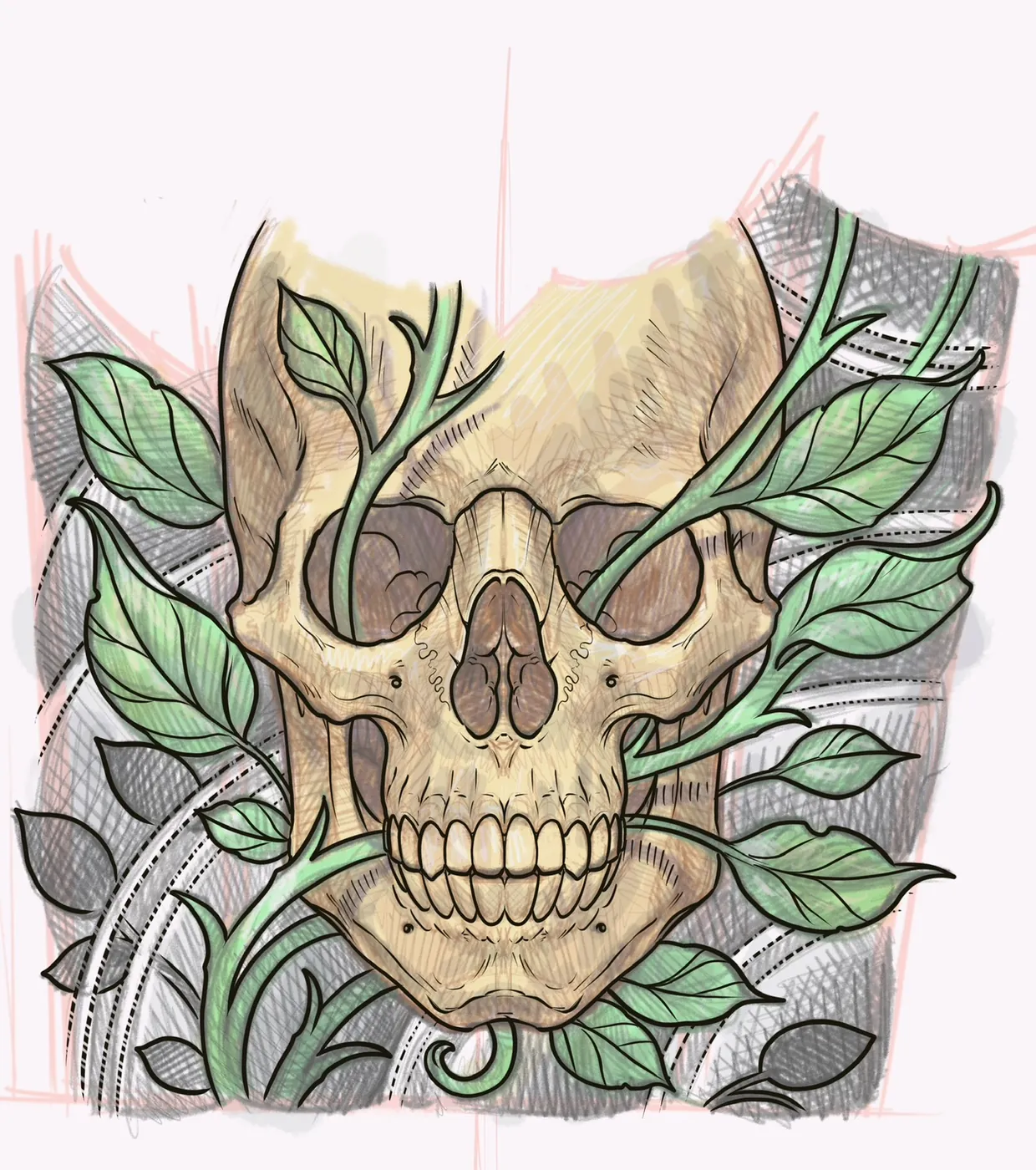Custom tattoo sketch — Skull vines leaves colored pencil — original drawing by Terry Ribera, Remington Tattoo San Diego