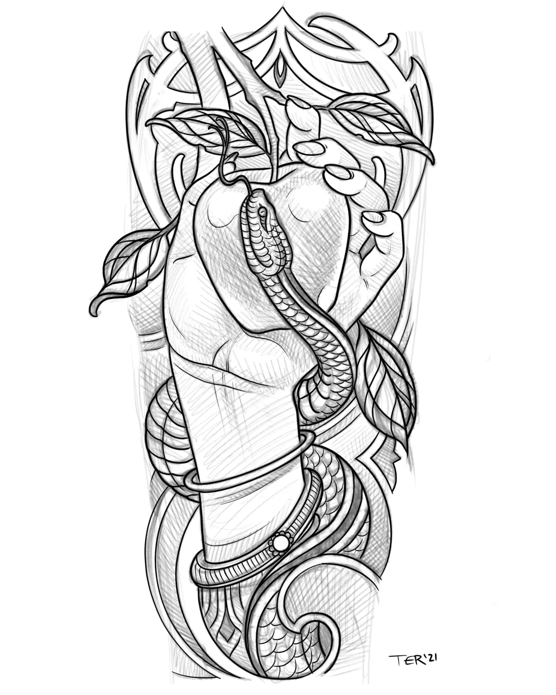 Custom tattoo sketch — Snake dagger ornamental sleeve pencil — original drawing by Terry Ribera, Remington Tattoo San Diego