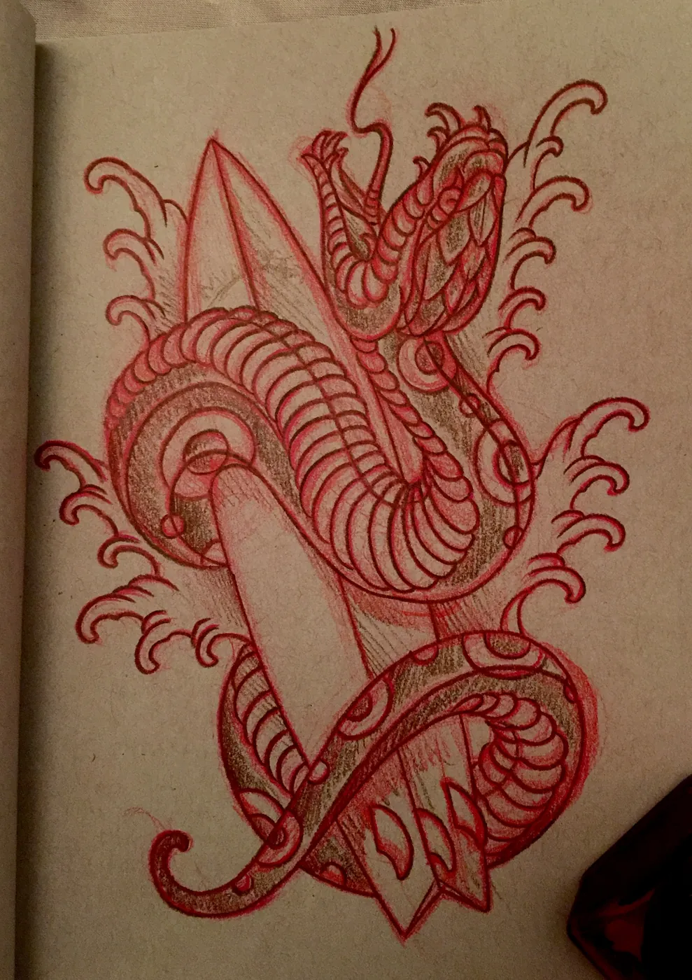 Custom tattoo sketch — Snake dagger waves red pencil — original drawing by Terry Ribera, Remington Tattoo San Diego