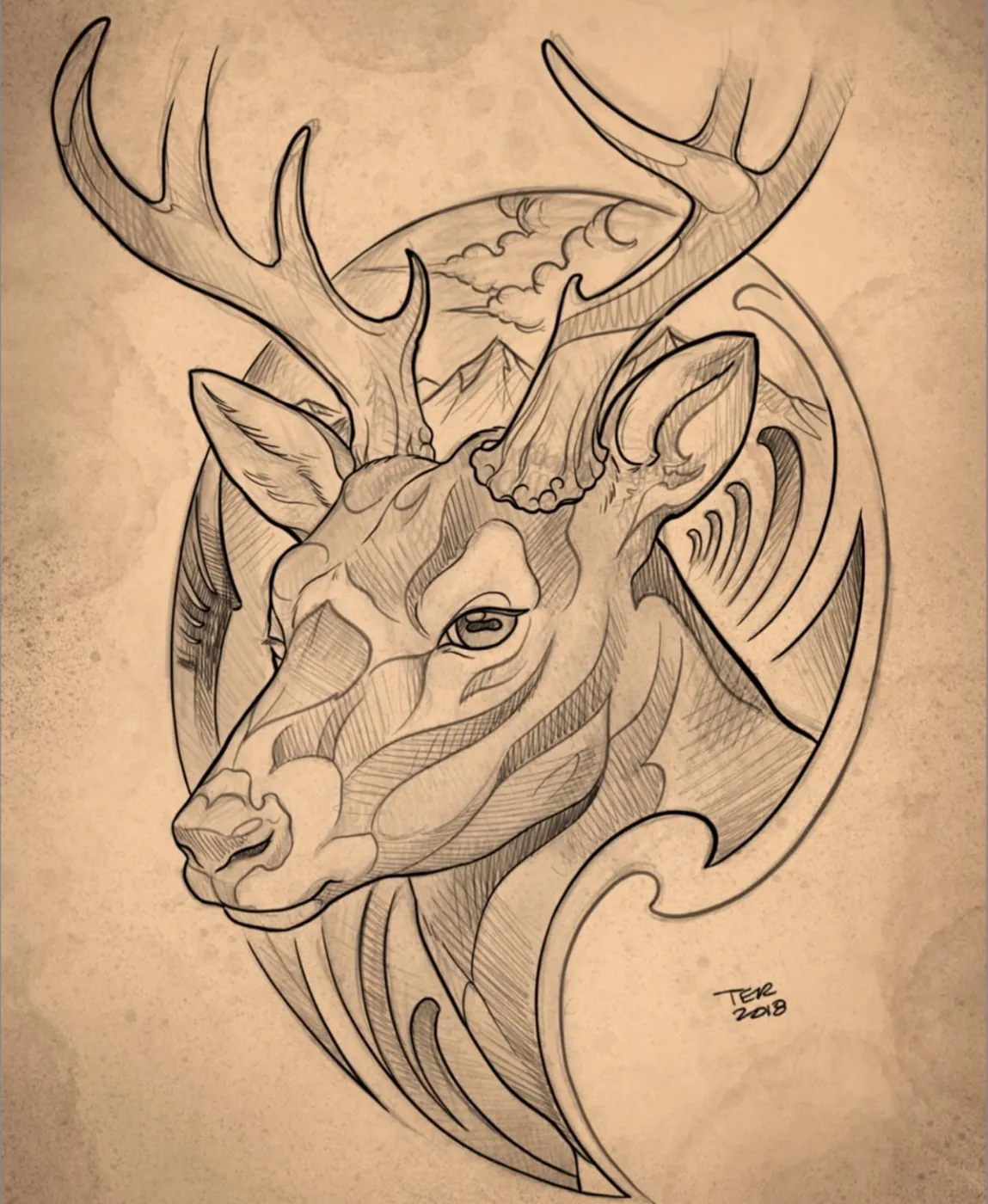 Custom tattoo sketch — Stag deer mountain portrait pencil — original drawing by Terry Ribera, Remington Tattoo San Diego