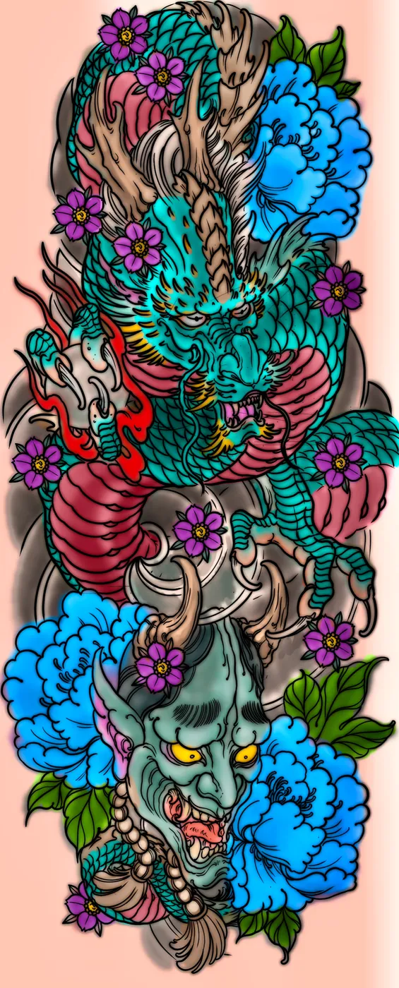 Custom tattoo sketch — Teal dragon hannya peony sleeve colored digital — original drawing by Terry Ribera, Remington Tattoo San Diego