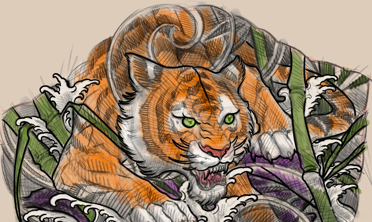 Custom tattoo sketch — Tiger bamboo waves colored sketch — original drawing by Terry Ribera, Remington Tattoo San Diego