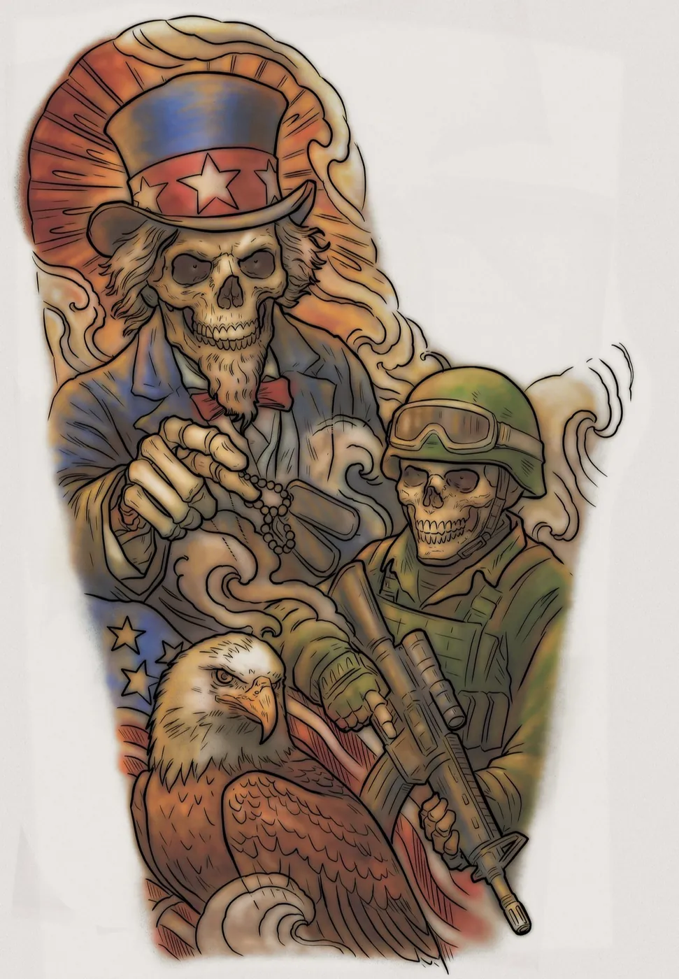 Custom tattoo sketch — Uncle Sam skull soldier eagle sleeve colored — original drawing by Terry Ribera, Remington Tattoo San Diego