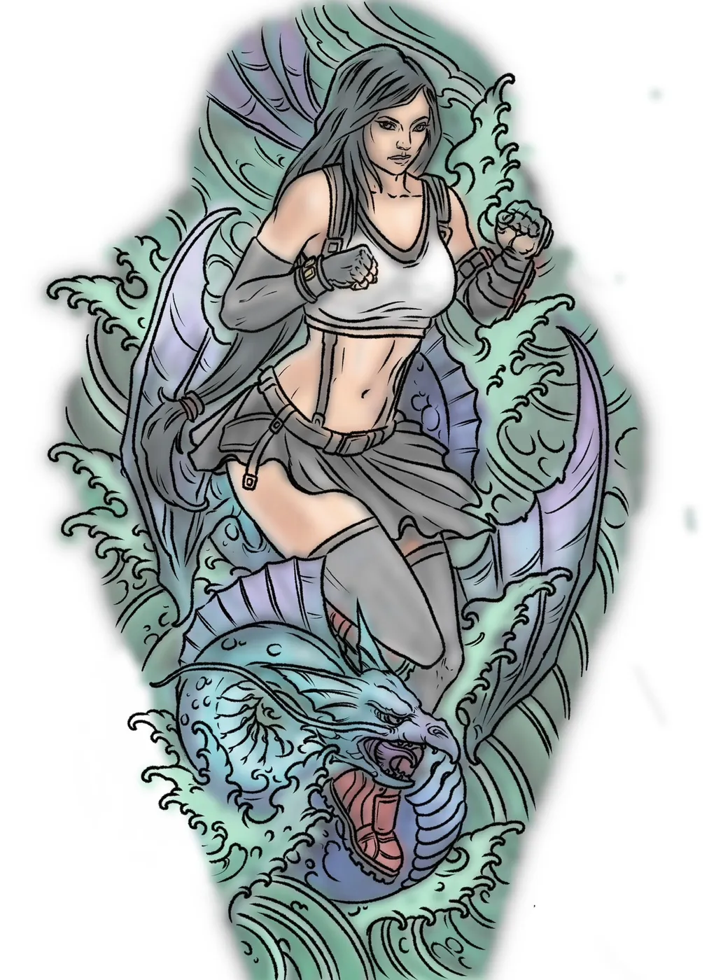 Custom tattoo sketch — Warrior woman dragon waves sleeve colored digital — original drawing by Terry Ribera, Remington Tattoo San Diego