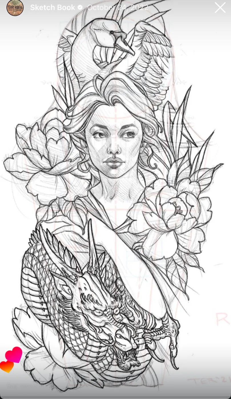 Custom tattoo sketch — Woman crane dragon peony sleeve pencil — original drawing by Terry Ribera, Remington Tattoo San Diego