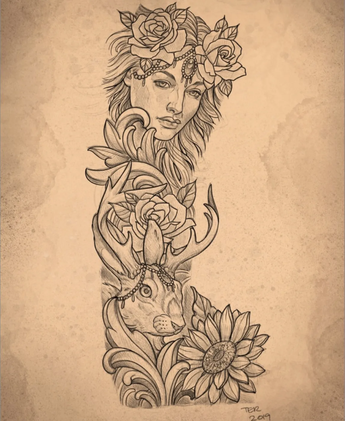 Custom tattoo sketch — Woman deer rose sunflower sleeve pencil — original drawing by Terry Ribera, Remington Tattoo San Diego