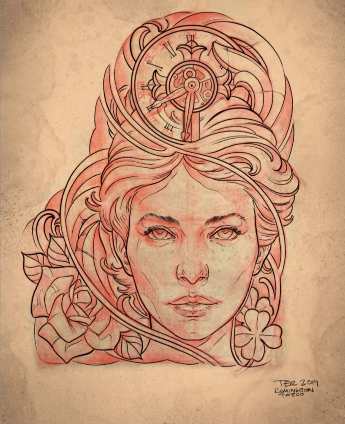 Custom tattoo sketch — Woman portrait clock roses red pencil — original drawing by Terry Ribera, Remington Tattoo San Diego