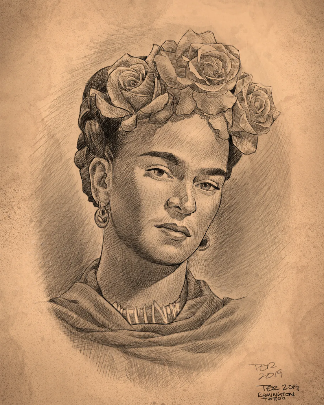 Custom tattoo sketch — Woman portrait roses pencil — original drawing by Terry Ribera, Remington Tattoo San Diego