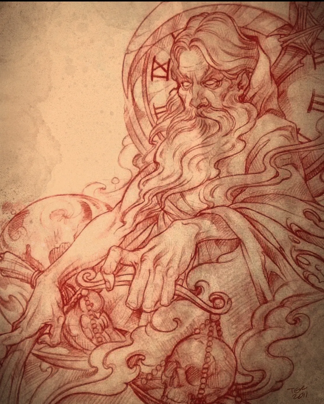 Custom tattoo sketch — Zeus father time clock red pencil — original drawing by Terry Ribera, Remington Tattoo San Diego