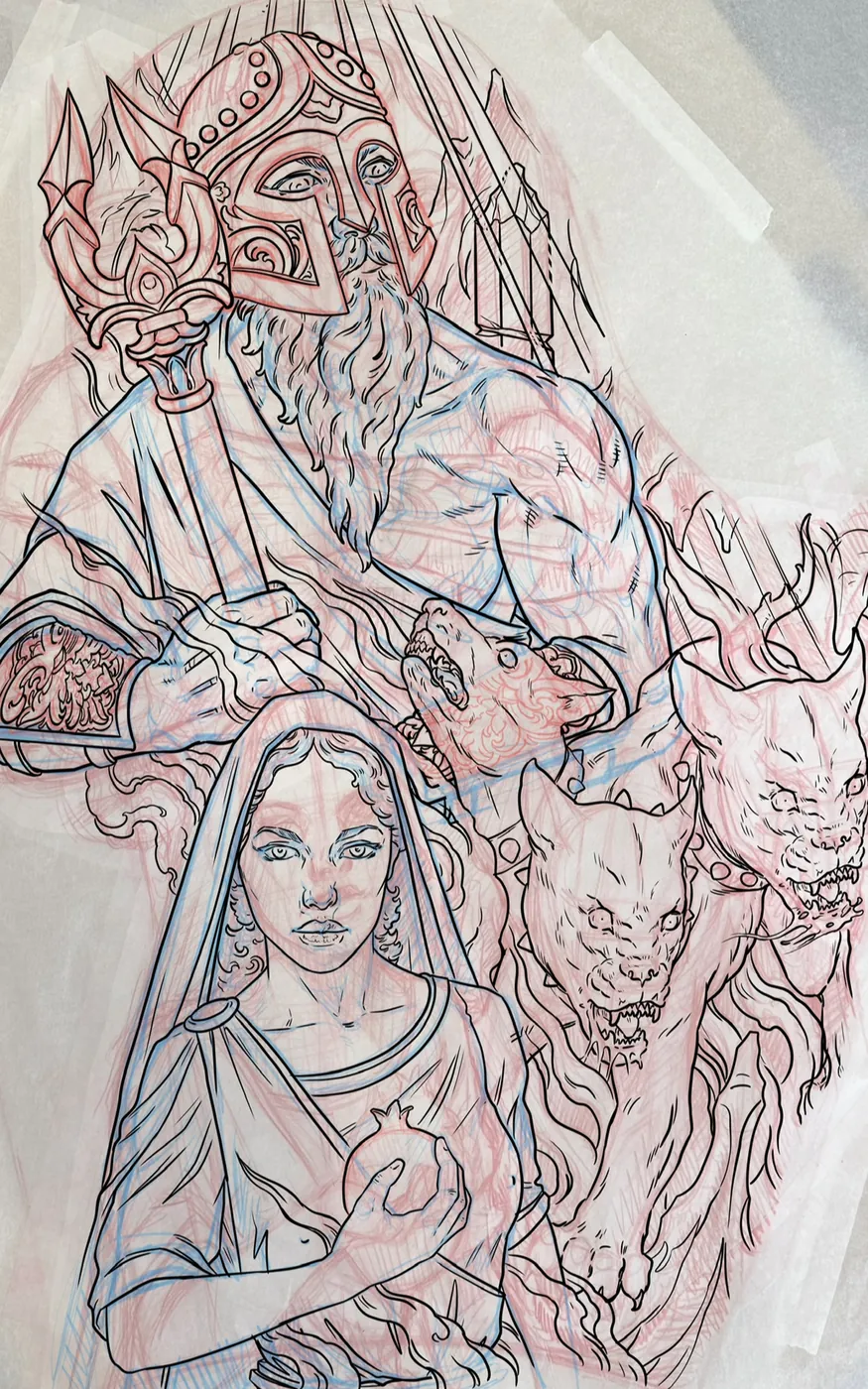 Custom tattoo sketch — Zeus god madonna demon sleeve full red and blue pencil — original drawing by Terry Ribera, Remington Tattoo San Diego