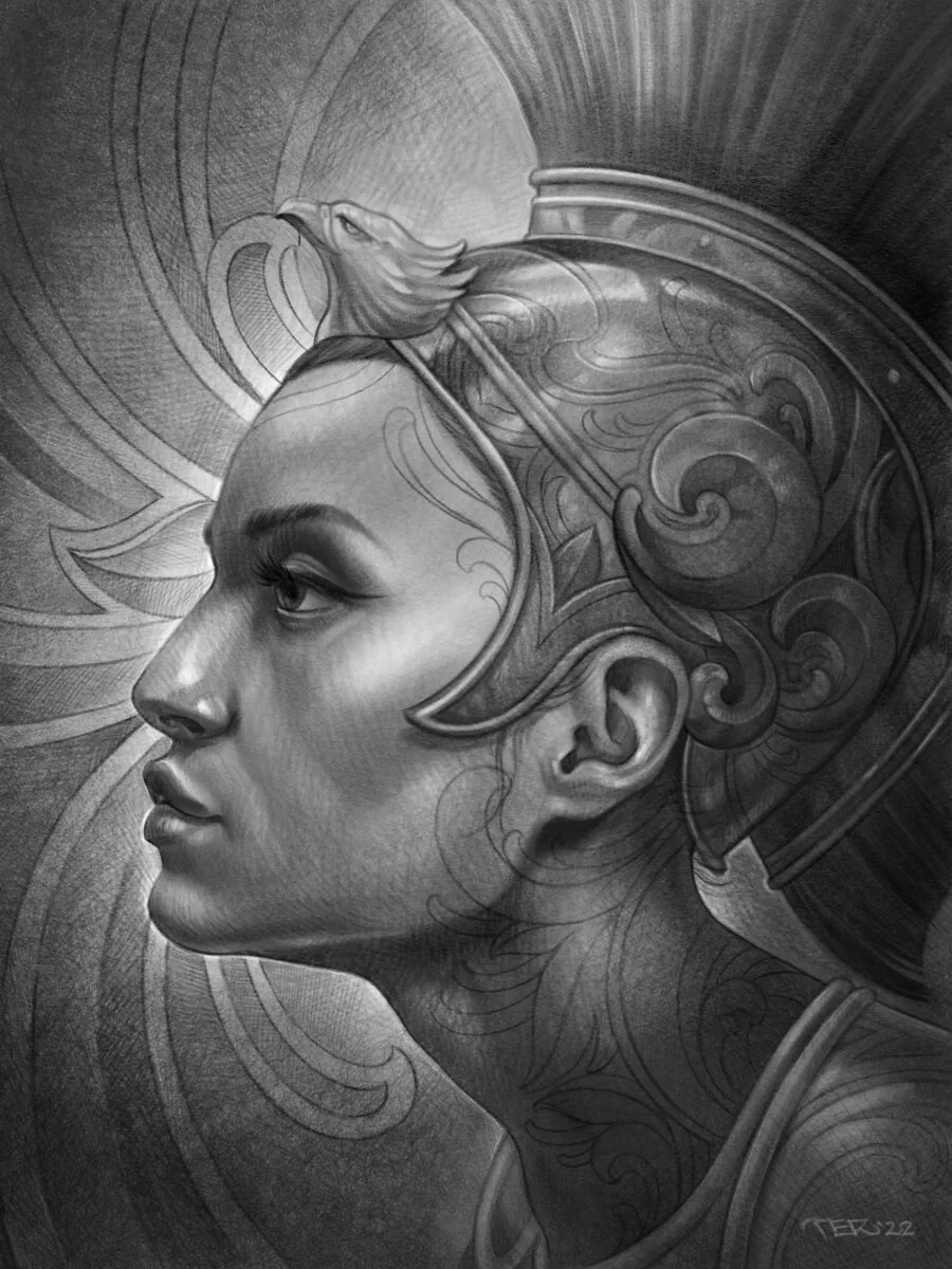 Fine art Athena warrior woman ornate helmet dove drawing by Terry Ribera, San Diego