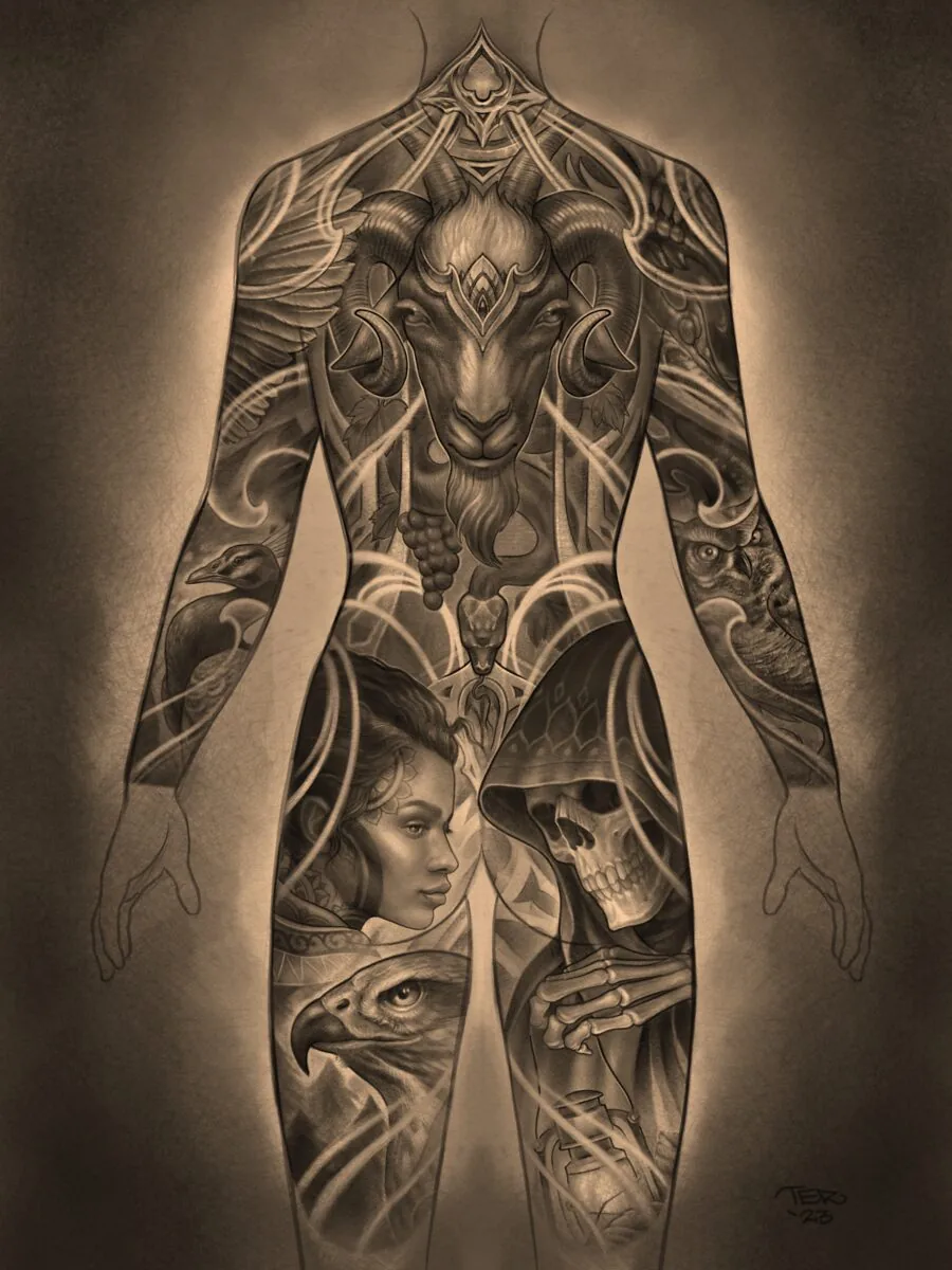 Fine art bodysuit design ram skull eagle woman illustration by Terry Ribera, San Diego