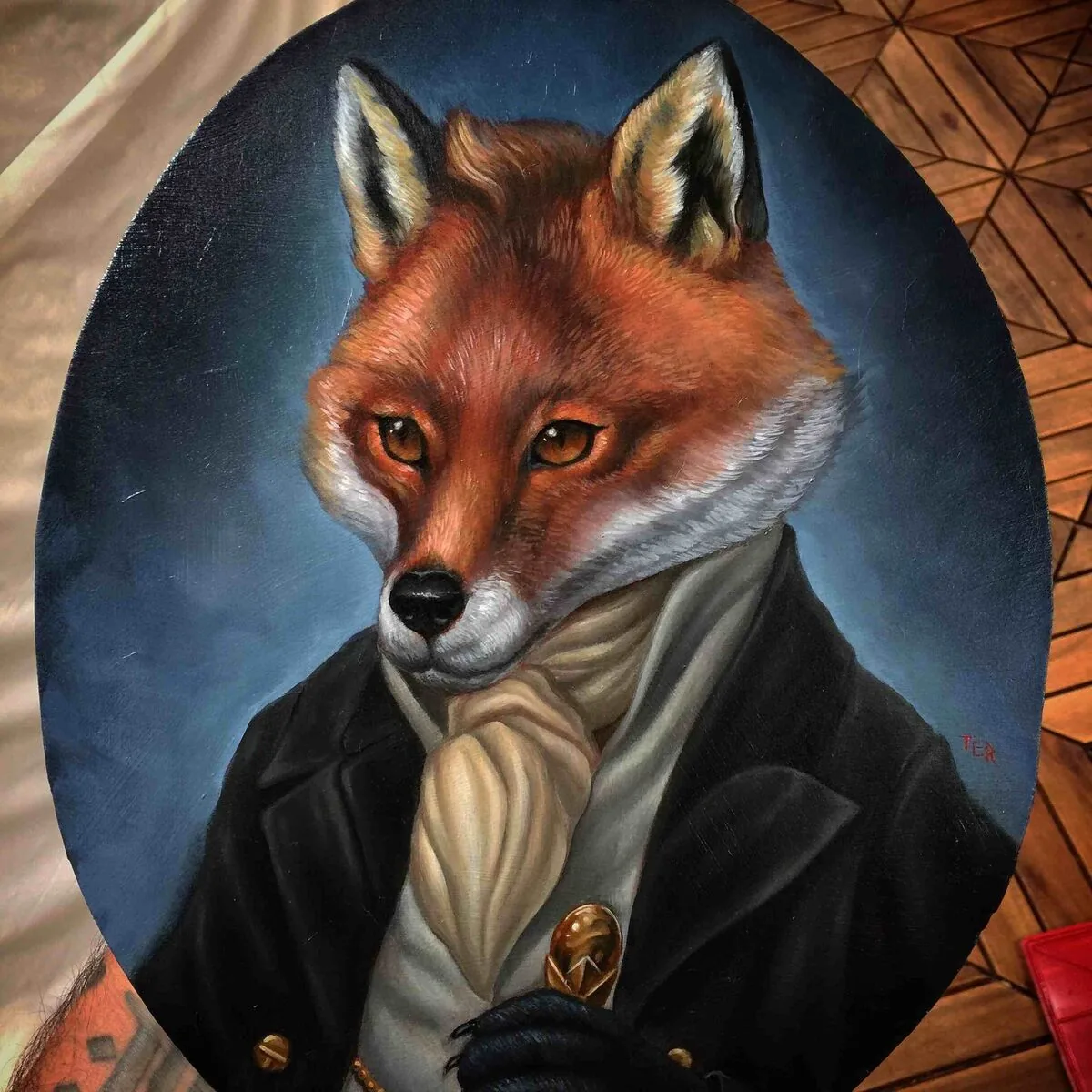 Fine art fox gentleman portrait oil painting by Terry Ribera, San Diego