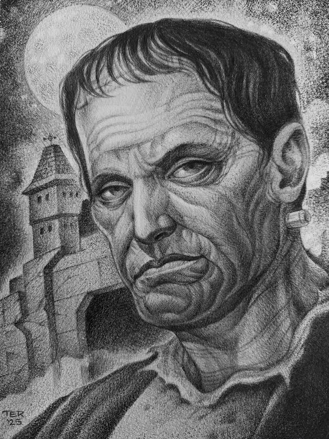 Fine art Frankenstein monster portrait castle moon drawing by Terry Ribera, San Diego