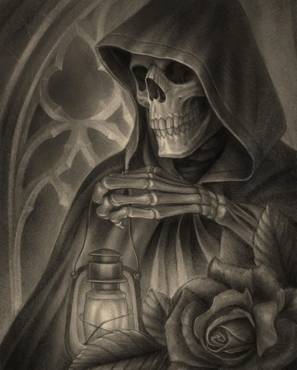 Fine art grim reaper skull lantern rose drawing by Terry Ribera, San Diego