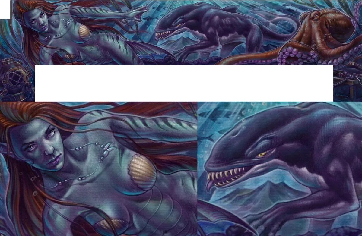 Fine art mermaid orca octopus triptych painting by Terry Ribera, San Diego