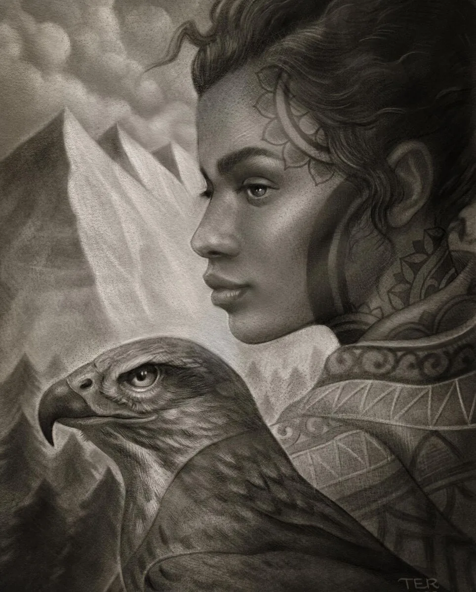 Fine art woman hawk eagle mountains drawing by Terry Ribera, San Diego