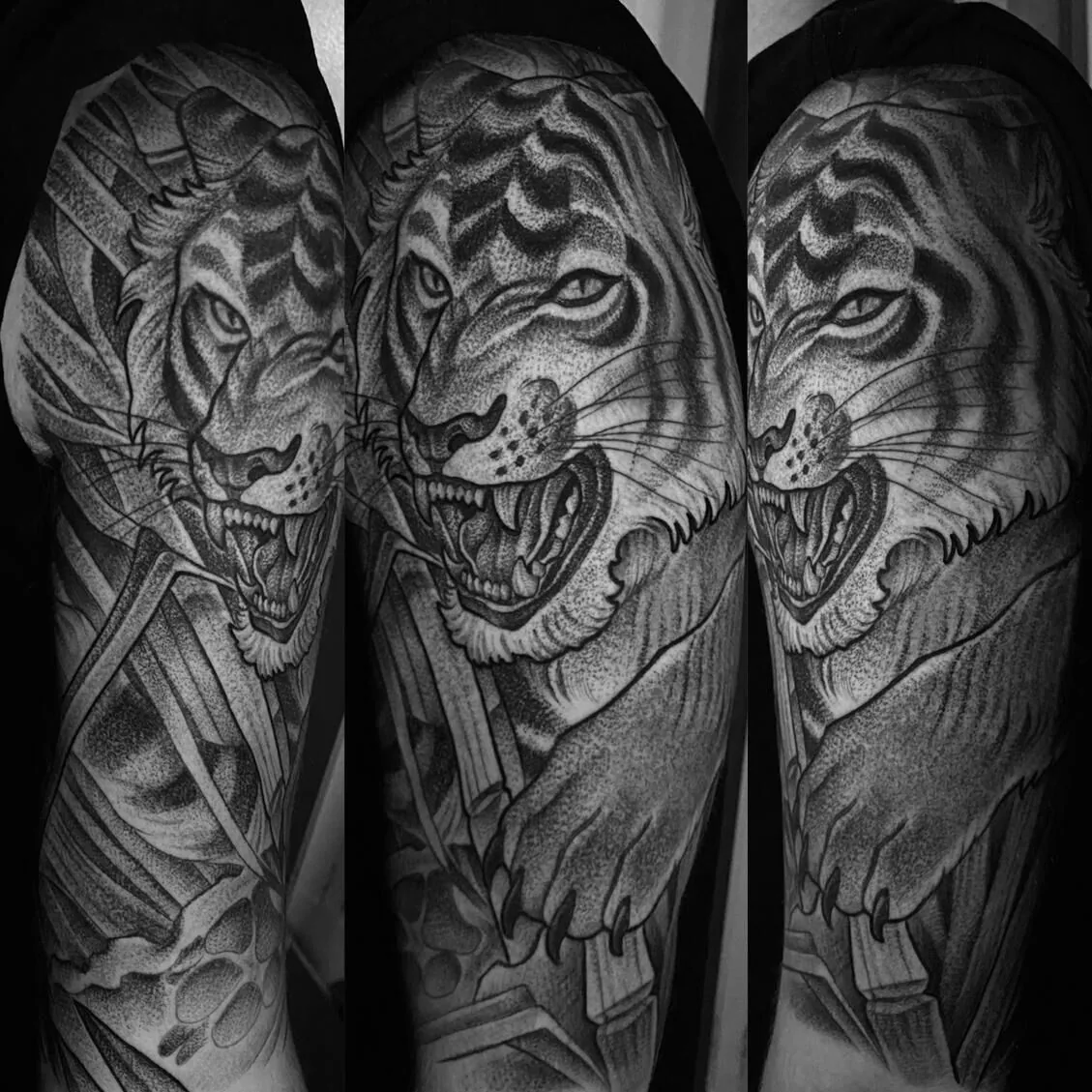 Black and grey tiger half sleeve tattoo by Terry Ribera at Remington Tattoo, North Park San Diego. Custom illustrative.