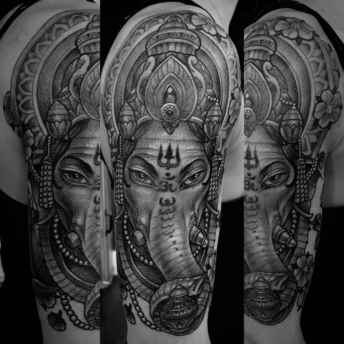 Neo-Japanese Ganesh mandala black and grey half sleeve tattoo by Terry Ribera at Remington Tattoo, San Diego.
