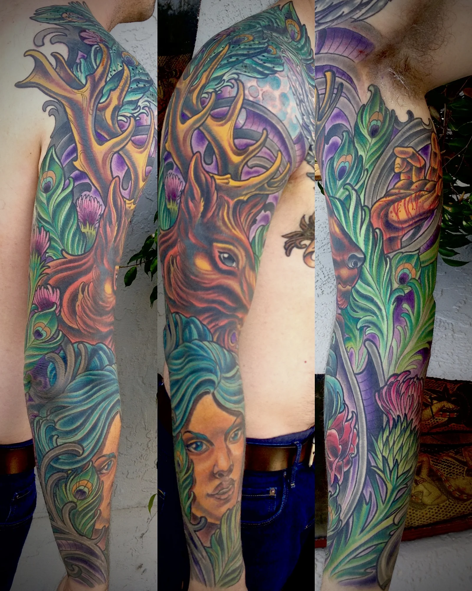 Color Art Nouveau woman and elk full arm sleeve tattoo by Terry Ribera, San Diego