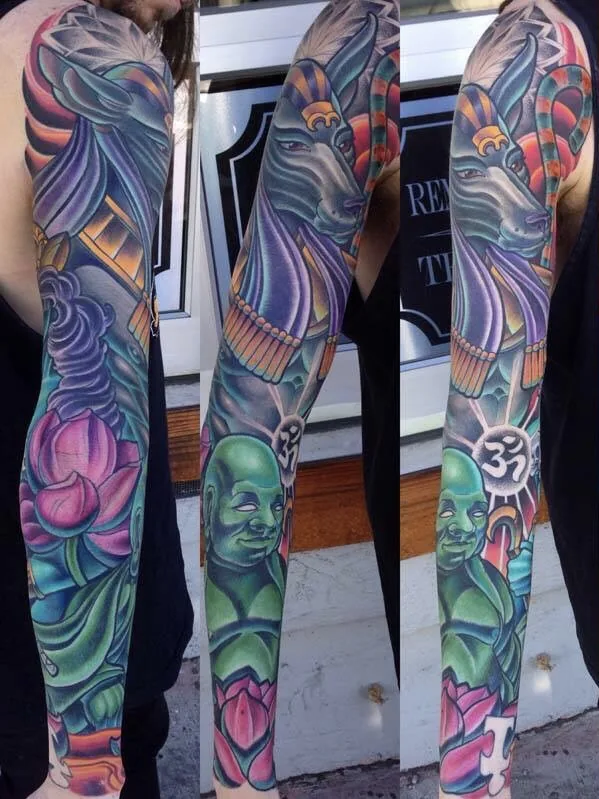 Color deity full arm sleeve tattoo by Terry Ribera, San Diego