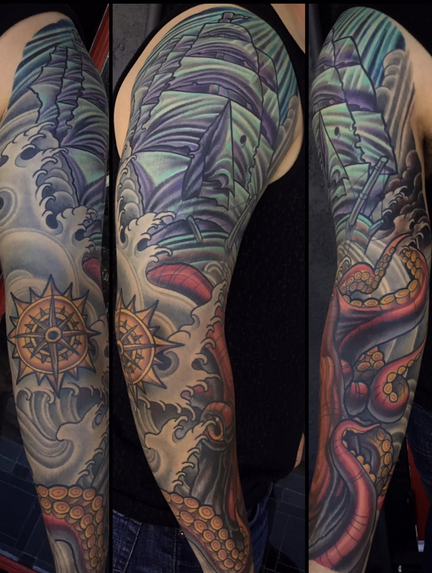 Color kraken and sailing ship arm sleeve tattoo by Terry Ribera, San Diego
