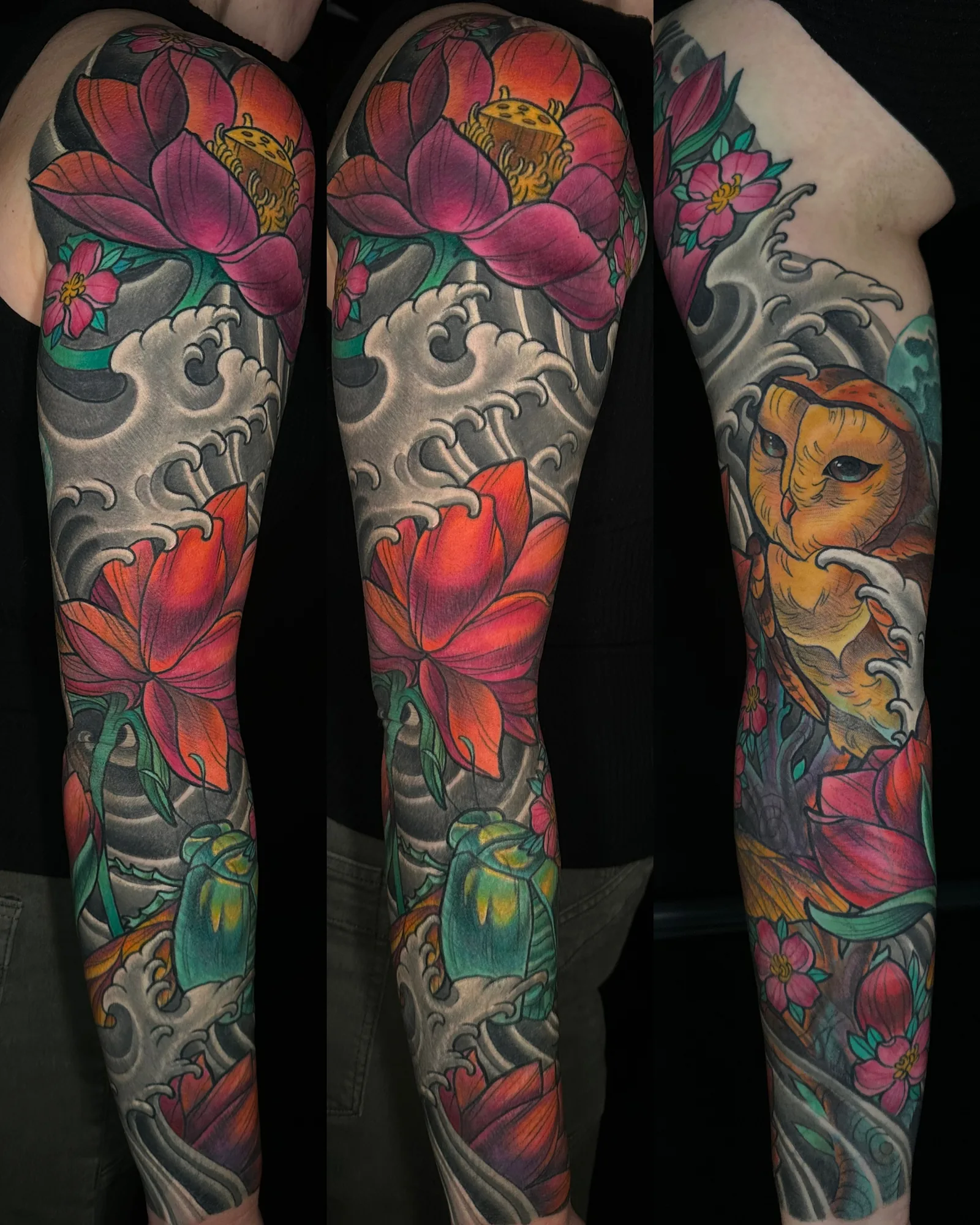 Color owl and lotus arm sleeve tattoo by Terry Ribera, San Diego